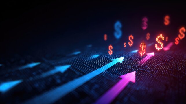 Dynamic Financial Growth with Colorful Arrows and Dollar Symbols Representing Investment and Revenue Trends in a Digital Landscape