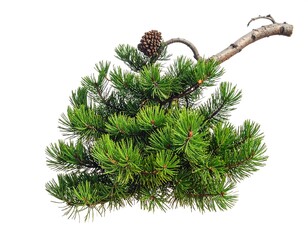 Close-up isolated shot of a green pine branch with needles and a small brown pinecone