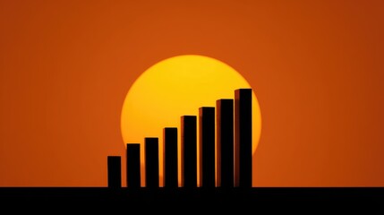 Gradual Increase of Bar Graph Silhouettes Against an Orange Sunset in a Symbolic Representation of Growth and Progress in Business or Personal Development