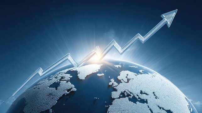 Global Economic Growth Illustration with Rising Graph on Earth Showing Progress and Success in Business and Finance Against Blue Background