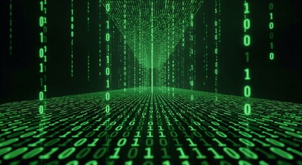 A matrix-style digital environment features columns of glowing green binary code streaming downwards, creating a tunnel effect with a sharp perspective angle and extreme depth of field. The dark