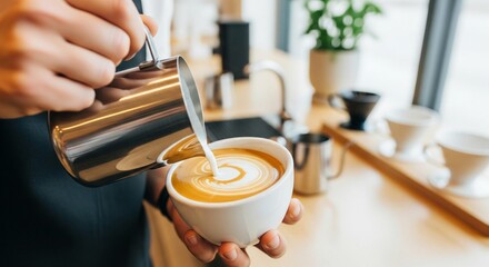 A detailed macro shot captures a barista's hands expertly pouring steamed milk from a stainless steel pitcher into a white ceramic cup, creating intricate latte art. The focus is sharp on the swirling