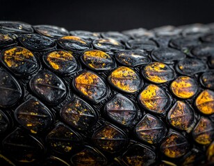 Close-up macro of snake scales displaying a black and yellow, textured pattern