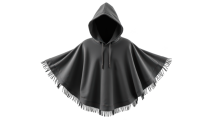 Stylish poncho with hood, featuring fringe details, perfect for casual wear and outdoor activities. Ideal for comfort and versatility