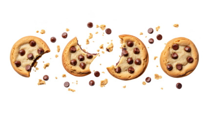 Delicious chocolate chip cookies with bites taken out, scattered chocolate chips, and crumbs create tempting dessert display