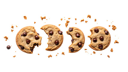 Delicious chocolate chip cookies arranged in sequence, showcasing different stages of bites and crumbs, evoking sense of indulgence and joy