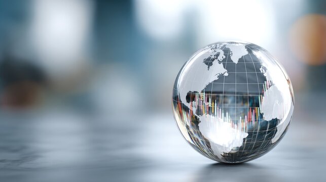 Reflective globe on a blurred background depicting global data and finance trends in a modern and technological setting with vibrant colors