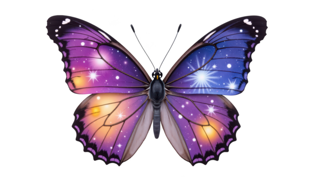 Vibrant butterfly with cosmic design featuring shades of purple, blue, and orange, adorned with star like patterns, evokes sense of wonder