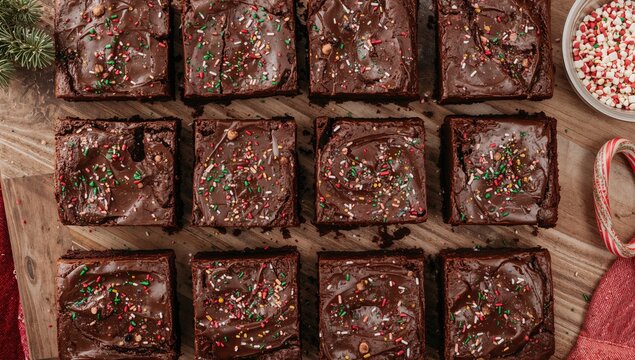 Chocolate brownies topped with icing and colorful sprinkles on a wooden surface, festive dessert for holiday gatherings