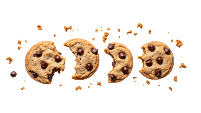Delicious chocolate chip cookies arranged in sequence, showcasing different stages of bites and crumbs, evoking sense of indulgence and joy