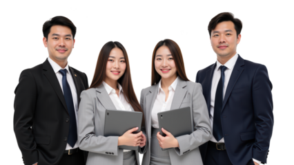 Professional team business attire smiling individuals holding tablets corporate setting teamwork diverse group modern office