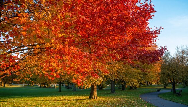 Autumn leaves under sunlight in a park, seasonal change