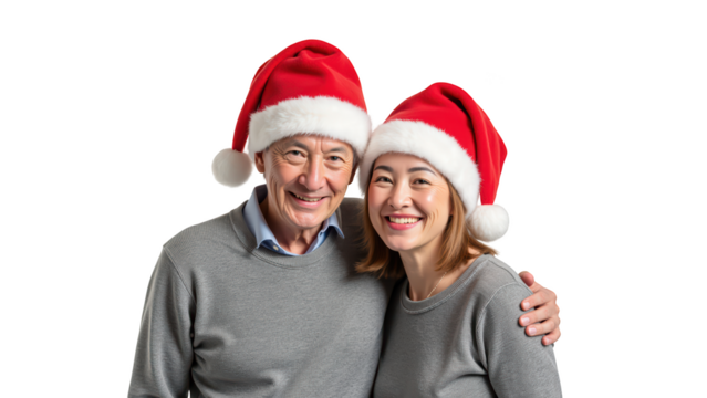 Cheerful couple wearing Santa hats, celebrating holiday season with joy and warmth. Their smiles reflect festive spirit
