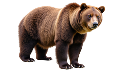 Realistic bear with thick, brown fur coat stands confidently. Its expressive eyes and strong posture convey sense of strength and curiosity