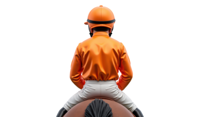 Jockey in orange uniform sits on horse, showcasing focused posture. vibrant colors and dynamic setting evoke excitement and anticipation