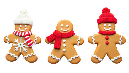 Gingerbread cookies decorated with festive designs, featuring cheerful expressions and winter accessories. Perfect for holiday celebrations