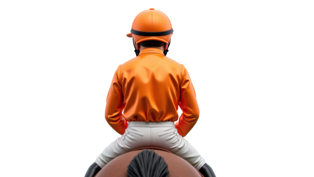 Jockey in orange uniform sits on horse, showcasing focused posture. vibrant colors and dynamic setting evoke excitement and anticipation