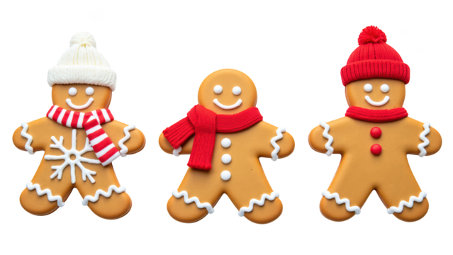 Gingerbread cookies decorated with festive designs, featuring cheerful expressions and winter accessories. Perfect for holiday celebrations
