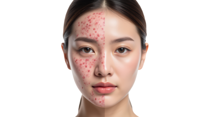 Split image showing woman face with one side displaying clear skin and other side showing acne and blemishes, highlighting skin conditions