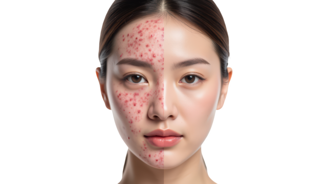Split image showing woman face with one side displaying clear skin and other side showing acne and blemishes, highlighting skin conditions