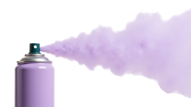 Vibrant purple spray can releasing cloud of lavender mist, perfect for artistic projects and creative expressions
