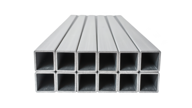 Aluminum rectangular tubes stacked neatly, showcasing their smooth surface and structural design. Ideal for construction and manufacturing