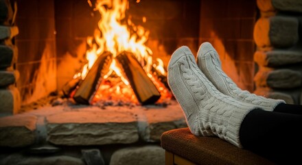 A comforting close-up shot capturing a pair of feet in thick, cream-colored cable-knit woolen socks resting towards a warm, crackling fire in a rustic stone fireplace. The soft glow of the flames