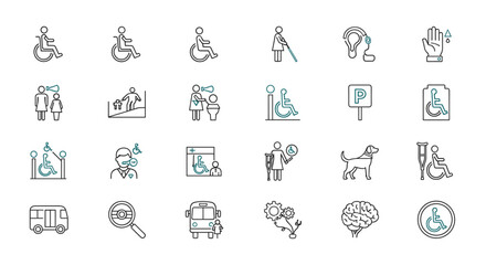 Comprehensive set of vector line icons representing disability and accessibility, including wheelchair users, ramps, accessible restrooms, parking, guide dogs, crutches, and medical symbols, all