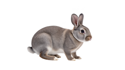 Cute, fluffy rabbit with soft gray fur and bright eyes, sitting in curious pose. This adorable creature embodies charm and playfulness