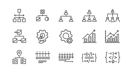 A collection of minimalist line icons representing workflow processes, flowcharts, organizational structures, and automation. This set includes business project management, productivity, sequence