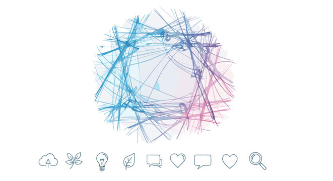 Abstract gradient watercolor lines cross isolated on white round shape background, watercolour stains aquarelle texture blue pink, ordered line icons for cloud upload, plant, lightbulb, leaf, chat