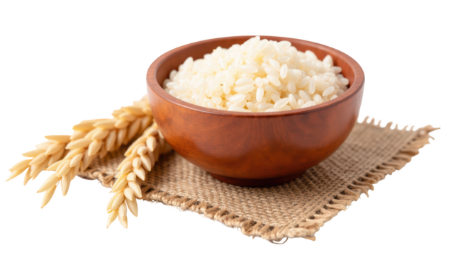 Fresh rice in wooden bowl with wheat stalks on burlap mat creates rustic and natural feel