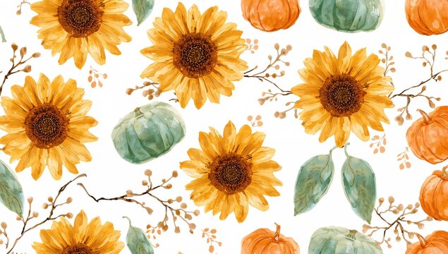 Seamless watercolor pattern featuring sunflowers, pumpkins, and branches, ideal for fabric printing and wrapping paper, Autumn