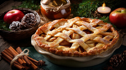 Rustic apple pie with lattice crust, served warm with cinnamon sticks and surrounded by Christmas table décor