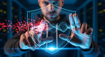 A dramatic close-up captures a cybersecurity expert's hands actively engaging with a glowing, multi-layered holographic shield interface. The interface's bright blue light illuminates the expert's