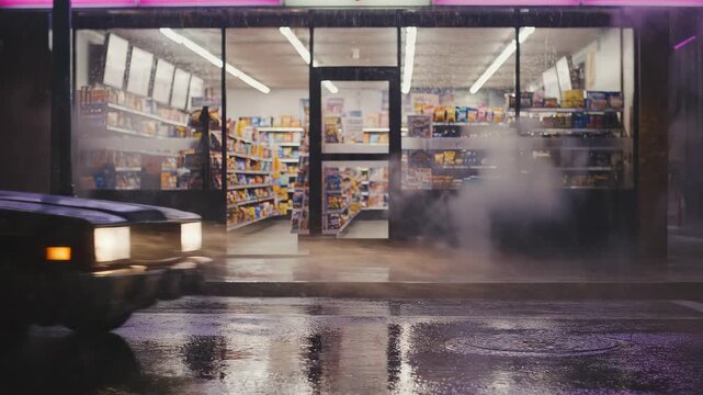 Cinematic Shot of a Vintage Car Driving Past a Glowing Convenience Store on a Rainy, Steamy Night
