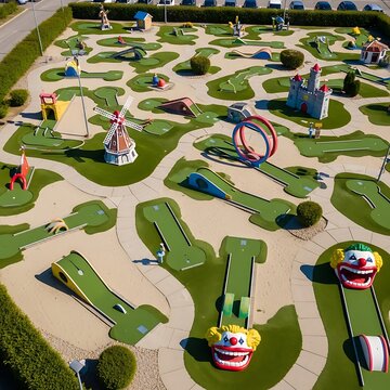Aerial View of a Miniature Golf Course with Various Obstacles.