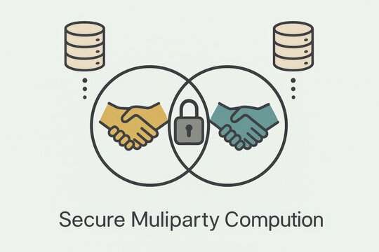 Secure multipartite computation illustrated with interconnected handshake graphics representing collaborative data privacy and encryption methodologies in innovative computing environments