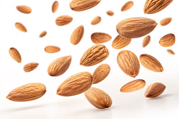 Delicious almonds floating in the air against a bright white background, perfect for healthy food ads and snack promotions with a natural feel