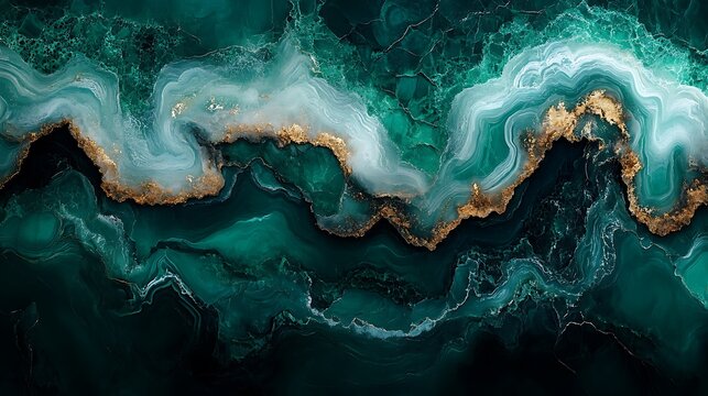 Abstract swirling emerald green and gold liquid marble background texture - Powered by Adobe