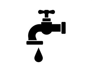 A black and white illustration of a faucet with a water drop falling, symbolizing water or plumbing