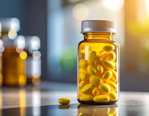 Close-up of a brown pill bottle filled with yellow tablets, blurred background