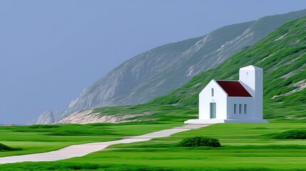 Minimalist Whitewashed Chapel With Red Roof Stands On A Grassy Hillside Beside A Winding Path Under A Blue Sky