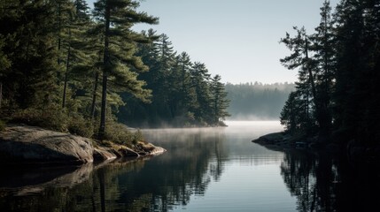 Obraz premium Tranquil Lake Scene with Mist and Lush Green Trees in a Serene Morning Landscape Captivating Nature's Beauty at Dawn in a Peaceful Environment