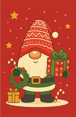 Cute Christmas Gnome Holding Gift and Wreath on Red Background