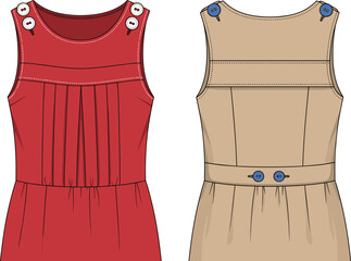 Sleeveless dress illustration, button detail, pleated front, seam lines, round neckline, fashion sketch, garment design, front and back view, clothing template, vector drawing