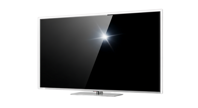 A modern flat screen television with a white frame and a glare on the black screen display