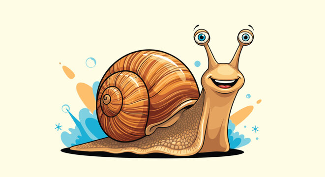 A happy cartoon snail with a big smile and expressive blue eyes, crawling forward amidst playful splashes and bubbles on a clean cream background. - Powered by Adobe
