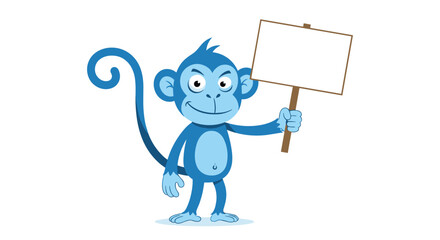A cheerful blue cartoon monkey stands upright, holding a blank white sign with a brown stick, ready for a custom message or protest.
