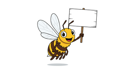 A cute and happy cartoon bee with large eyes is flying while holding a blank wooden sign, providing ample copy space for a message.